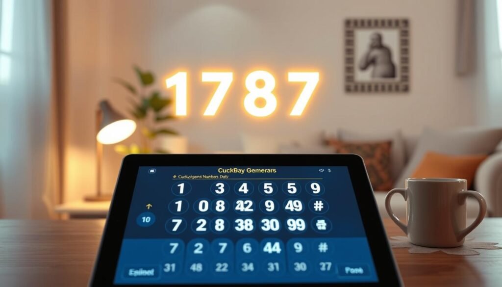 A modern, sleek lucky number generator interface displayed on a digital tablet in the foreground, with bright, glowing numbers floating above the screen. The background features a cozy, well-lit room with soft, ambient lighting that invokes a sense of calm and optimism. A potted plant adds a touch of nature, and a small desk lamp softly illuminates the scene, casting gentle shadows. On the side, a coffee mug rests, suggesting a relaxed moment of reflection. The overall atmosphere is warm and inviting, with a hint of excitement, representing the thrill of chance and positivity. The image should have a slightly blurred depth of field, focusing sharply on the tablet and numbers, to create an engaging focal point. A modern, sleek lucky number generator interface displayed on a digital tablet in the foreground, with bright, glowing numbers floating above the screen. The background features a cozy, well-lit room with soft, ambient lighting that invokes a sense of calm and optimism. A potted plant adds a touch of nature, and a small desk lamp softly illuminates the scene, casting gentle shadows. On the side, a coffee mug rests, suggesting a relaxed moment of reflection. The overall atmosphere is warm and inviting, with a hint of excitement, representing the thrill of chance and positivity. The image should have a slightly blurred depth of field, focusing sharply on the tablet and numbers, to create an engaging focal point.