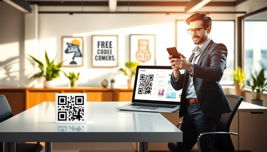 A modern, sleek workspace featuring a prominently displayed QR code on a clean, minimalist desk. In the foreground, a confident business professional, dressed in smart casual attire, scans the QR code with a smartphone. The middle ground shows an open laptop displaying a free QR code generator interface, with vibrant colors and icons representing various business industries. In the background, soft-focus plants and motivational artwork create an inspiring atmosphere. Natural lighting streams through a large window, casting a warm glow across the scene, enhancing the feeling of productivity and innovation. The overall mood should be inviting, professional, and encouraging, showcasing the importance of QR codes for modern businesses. A modern, sleek workspace featuring a prominently displayed QR code on a clean, minimalist desk. In the foreground, a confident business professional, dressed in smart casual attire, scans the QR code with a smartphone. The middle ground shows an open laptop displaying a free QR code generator interface, with vibrant colors and icons representing various business industries. In the background, soft-focus plants and motivational artwork create an inspiring atmosphere. Natural lighting streams through a large window, casting a warm glow across the scene, enhancing the feeling of productivity and innovation. The overall mood should be inviting, professional, and encouraging, showcasing the importance of QR codes for modern businesses.