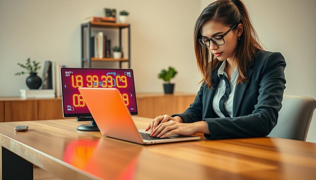 A modern workspace setup showcases a sleek, high-tech lucky number generator on a polished wooden desk. In the foreground, a confident professional woman in smart casual attire is intently interacting with the generator on her laptop, her expression focused and engaged. The middle layer features a glowing digital screen displaying vibrant, randomly generated numbers with dynamic graphics, suggesting excitement and possibility. In the background, shelves filled with inspirational books and a small indoor plant add a touch of warmth and creativity. Soft, diffused natural light fills the room, creating an inviting atmosphere. The overall mood is one of determination and positivity, emphasizing the professional approach to using a lucky number generator effectively. A modern workspace setup showcases a sleek, high-tech lucky number generator on a polished wooden desk. In the foreground, a confident professional woman in smart casual attire is intently interacting with the generator on her laptop, her expression focused and engaged. The middle layer features a glowing digital screen displaying vibrant, randomly generated numbers with dynamic graphics, suggesting excitement and possibility. In the background, shelves filled with inspirational books and a small indoor plant add a touch of warmth and creativity. Soft, diffused natural light fills the room, creating an inviting atmosphere. The overall mood is one of determination and positivity, emphasizing the professional approach to using a lucky number generator effectively.
