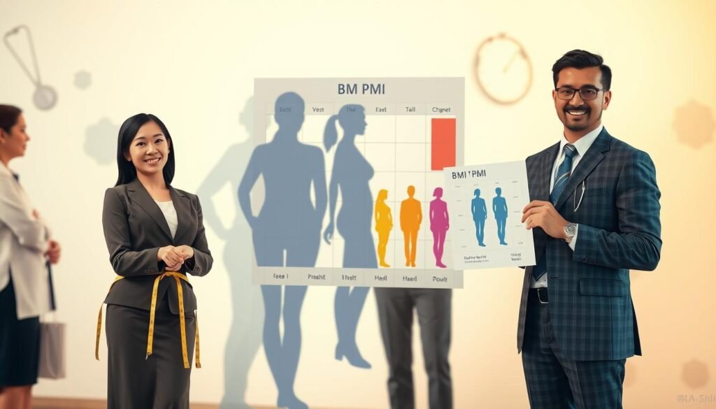 A professional and informative scene illustrating the concept of Body Mass Index (BMI). In the foreground, a diverse group of individuals, including an Asian woman in business attire measuring her waist with a tape measure and a South Asian man holding a BMI chart. In the middle ground, a clear and colorful visual representation of the BMI chart, with various body silhouettes indicating different BMI ranges, elegantly laid out. The background features soft, blurred shapes of medical symbols like a stethoscope and scales, creating an atmosphere of health and wellness. Use warm, inviting lighting to promote a sense of understanding and positivity. The angle should be slightly elevated, offering a well-rounded view of the scene as if taken from a professional health setting. A professional and informative scene illustrating the concept of Body Mass Index (BMI). In the foreground, a diverse group of individuals, including an Asian woman in business attire measuring her waist with a tape measure and a South Asian man holding a BMI chart. In the middle ground, a clear and colorful visual representation of the BMI chart, with various body silhouettes indicating different BMI ranges, elegantly laid out. The background features soft, blurred shapes of medical symbols like a stethoscope and scales, creating an atmosphere of health and wellness. Use warm, inviting lighting to promote a sense of understanding and positivity. The angle should be slightly elevated, offering a well-rounded view of the scene as if taken from a professional health setting.