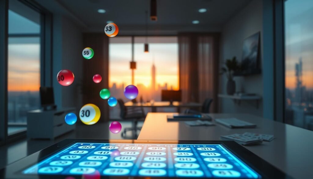 A professional, sleek image of a digital lucky number generator interface for Powerball picks. In the foreground, a glowing touchscreen display shows vibrant, dynamic number combinations being generated, illuminated by soft blue light. Various colorful balls representing numbers float around the screen, creating a sense of excitement and anticipation. In the middle ground, a modern, minimalistic office space with a stylish desk and a few lottery tickets scattered about, conveying a sense of organization and focus. The background features a softly blurred view of a city skyline bathed in dusk light, enhancing a sense of hope and opportunity. The overall mood is optimistic and energetic, evoking the thrill of playing the lottery. The image should be polished and well-lit, using a slightly upward angle to emphasize the action of number generation. A professional, sleek image of a digital lucky number generator interface for Powerball picks. In the foreground, a glowing touchscreen display shows vibrant, dynamic number combinations being generated, illuminated by soft blue light. Various colorful balls representing numbers float around the screen, creating a sense of excitement and anticipation. In the middle ground, a modern, minimalistic office space with a stylish desk and a few lottery tickets scattered about, conveying a sense of organization and focus. The background features a softly blurred view of a city skyline bathed in dusk light, enhancing a sense of hope and opportunity. The overall mood is optimistic and energetic, evoking the thrill of playing the lottery. The image should be polished and well-lit, using a slightly upward angle to emphasize the action of number generation.