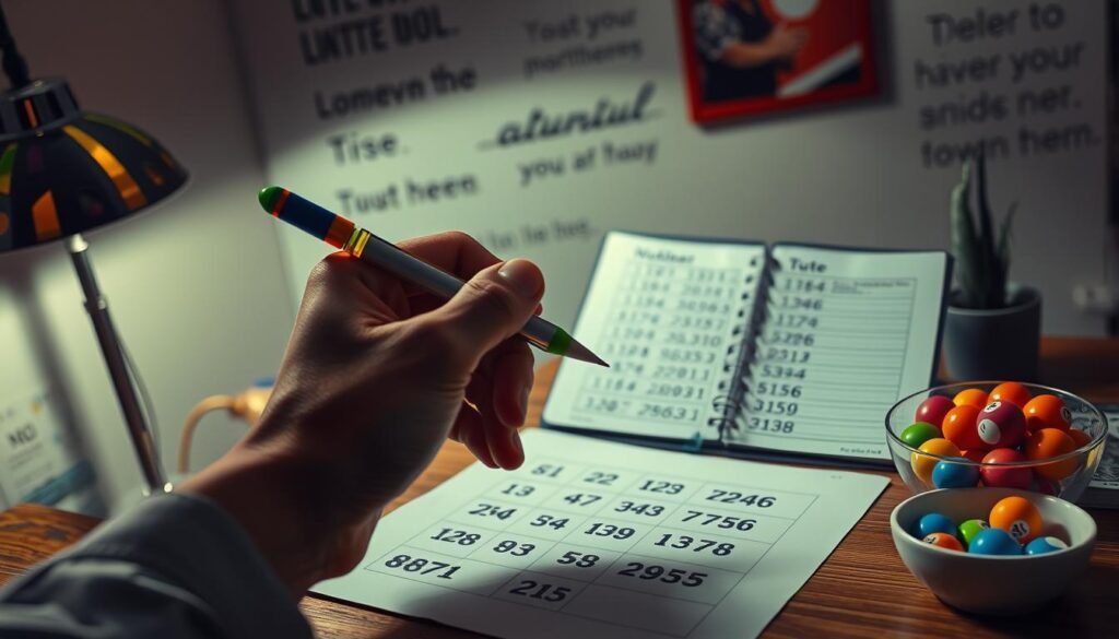 A serene and focused scene depicting a person sitting at a cozy desk, deeply engaged in the process of selecting their 6 lucky numbers for Powerball. The foreground features a hand holding a colorful pen, poised above a sheet of paper filled with various numbers, while a soft glow from a desk lamp casts a warm light over the workspace. In the middle ground, a well-organized notebook displays a list of previously chosen numbers, and a small, visually appealing bowl nearby holds a selection of colorful, vibrant lottery balls. The background features a wall adorned with motivational quotes and a gentle plant, adding a touch of life to the atmosphere. The overall mood is encouraging and optimistic, with a warm color palette and soft focus to enhance a sense of inspiration and possibility. A serene and focused scene depicting a person sitting at a cozy desk, deeply engaged in the process of selecting their 6 lucky numbers for Powerball. The foreground features a hand holding a colorful pen, poised above a sheet of paper filled with various numbers, while a soft glow from a desk lamp casts a warm light over the workspace. In the middle ground, a well-organized notebook displays a list of previously chosen numbers, and a small, visually appealing bowl nearby holds a selection of colorful, vibrant lottery balls. The background features a wall adorned with motivational quotes and a gentle plant, adding a touch of life to the atmosphere. The overall mood is encouraging and optimistic, with a warm color palette and soft focus to enhance a sense of inspiration and possibility.