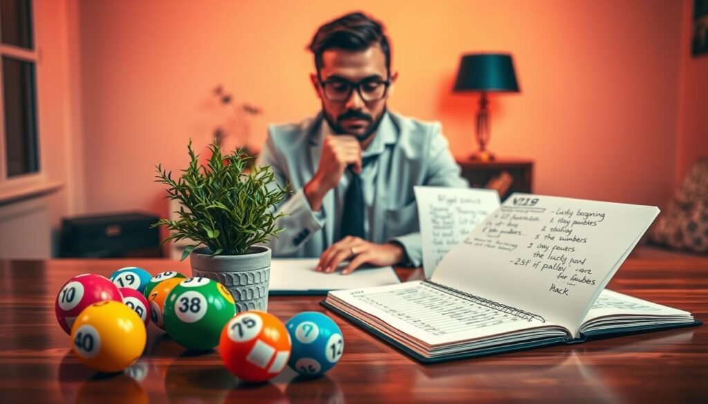A serene and inviting workspace set against a soft, warm backdrop. In the foreground, a polished wooden desk features an array of colorful lottery balls, each with different numbers highlighted. A small notebook lies open, filled with handwritten tips for choosing lucky numbers, alongside a charming potted plant that adds a touch of greenery. Mid-ground, a professional-looking person (dressed in smart casual attire) thoughtfully examines the numbers, with an engaging expression that shows concentration and excitement. The background hints at a cozy home environment with soft lighting, creating an atmosphere of optimism and hope. The image captures a sense of positivity and strategy, ideal for anyone seeking personalized guidance on selecting their lucky Powerball numbers. A serene and inviting workspace set against a soft, warm backdrop. In the foreground, a polished wooden desk features an array of colorful lottery balls, each with different numbers highlighted. A small notebook lies open, filled with handwritten tips for choosing lucky numbers, alongside a charming potted plant that adds a touch of greenery. Mid-ground, a professional-looking person (dressed in smart casual attire) thoughtfully examines the numbers, with an engaging expression that shows concentration and excitement. The background hints at a cozy home environment with soft lighting, creating an atmosphere of optimism and hope. The image captures a sense of positivity and strategy, ideal for anyone seeking personalized guidance on selecting their lucky Powerball numbers.