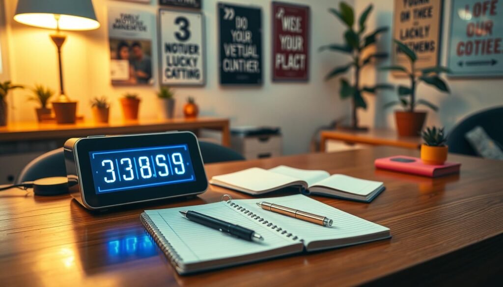 A serene workspace featuring a modern lucky number generator device sitting prominently on a polished wooden desk in the foreground. The device displays a vibrant digital screen showing an array of numbers glowing in bright colors. In the middle ground, a well-organized notebook with handwritten notes on lucky numbers and a sleek pen lie next to the generator, suggesting the process of number selection. The background showcases a softly lit room with warm, inviting tones, decorated with motivational posters and plants for a calming atmosphere. Use soft, diffused lighting to create a cozy, inspirational mood, captured from a slightly elevated angle to emphasize the workspace layout. A serene workspace featuring a modern lucky number generator device sitting prominently on a polished wooden desk in the foreground. The device displays a vibrant digital screen showing an array of numbers glowing in bright colors. In the middle ground, a well-organized notebook with handwritten notes on lucky numbers and a sleek pen lie next to the generator, suggesting the process of number selection. The background showcases a softly lit room with warm, inviting tones, decorated with motivational posters and plants for a calming atmosphere. Use soft, diffused lighting to create a cozy, inspirational mood, captured from a slightly elevated angle to emphasize the workspace layout.