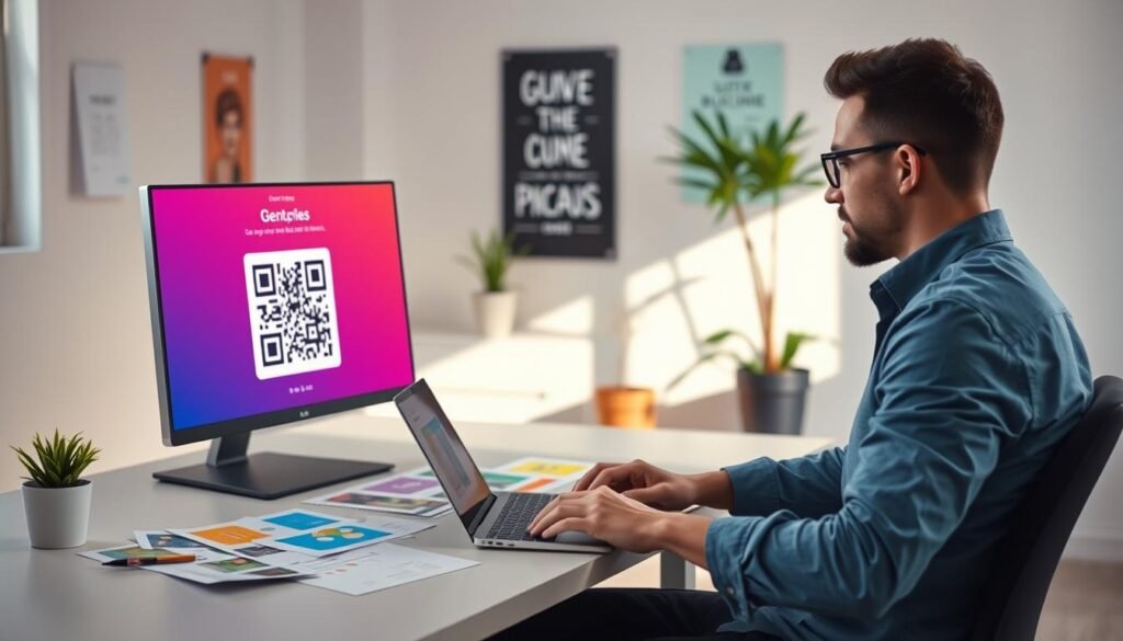 A skilled designer sitting at a modern desk, focused on creating a QR code for their business. In the foreground, the designer types on a sleek laptop while colorful templates and design elements are scattered across the desk. The middle ground features a large monitor displaying the QR code generation interface, with a vibrant color palette reflecting a professional yet creative atmosphere. In the background, soft daylight filters through a window, illuminating a minimalist office space with potted plants and motivational posters. The scene conveys a productive and innovative mood, emphasizing clarity and simplicity in the design process. The composition is well-lit, shot from a slight angle to capture the workspace's depth, creating an inviting and inspiring environment for business creativity. A skilled designer sitting at a modern desk, focused on creating a QR code for their business. In the foreground, the designer types on a sleek laptop while colorful templates and design elements are scattered across the desk. The middle ground features a large monitor displaying the QR code generation interface, with a vibrant color palette reflecting a professional yet creative atmosphere. In the background, soft daylight filters through a window, illuminating a minimalist office space with potted plants and motivational posters. The scene conveys a productive and innovative mood, emphasizing clarity and simplicity in the design process. The composition is well-lit, shot from a slight angle to capture the workspace's depth, creating an inviting and inspiring environment for business creativity.