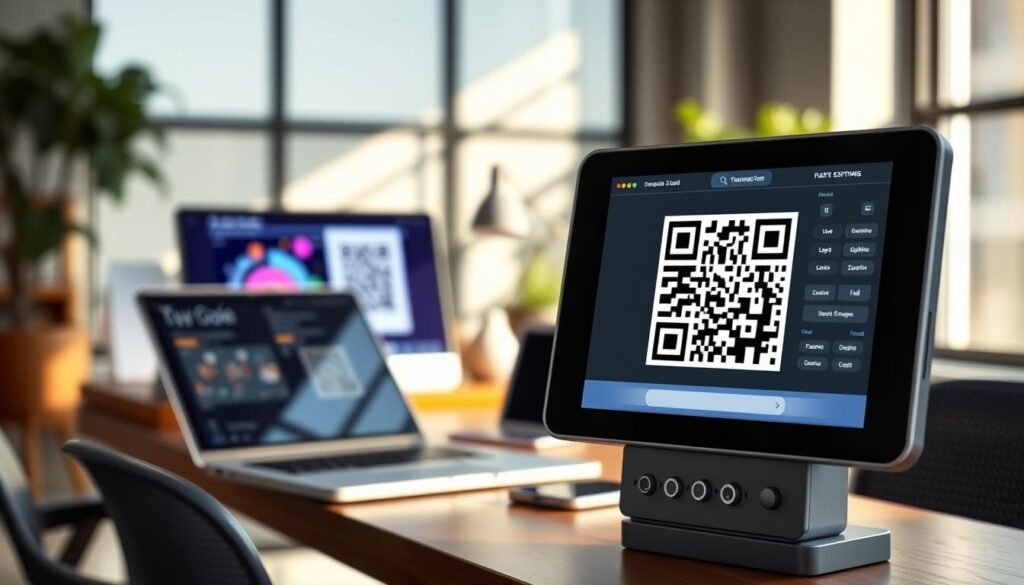 A sleek QR code generator tool interface displayed prominently in the foreground, with a user-friendly design featuring buttons and options for customization. The middle ground includes a vibrant digital screen showing a dynamically changing QR code, with examples of styles and colors available. The background features a modern office workspace, with a soft-focus view of high-tech gadgets like a laptop and smartphone, creating a productive atmosphere. Natural lighting illuminates the scene, casting soft shadows and providing a warm, inviting vibe. The focus is sharp on the generator tool, while the background elements are subtly blurred, emphasizing the tool's importance. The overall mood is professional and innovative, inspiring viewers to explore the potential of QR code creation. A sleek QR code generator tool interface displayed prominently in the foreground, with a user-friendly design featuring buttons and options for customization. The middle ground includes a vibrant digital screen showing a dynamically changing QR code, with examples of styles and colors available. The background features a modern office workspace, with a soft-focus view of high-tech gadgets like a laptop and smartphone, creating a productive atmosphere. Natural lighting illuminates the scene, casting soft shadows and providing a warm, inviting vibe. The focus is sharp on the generator tool, while the background elements are subtly blurred, emphasizing the tool's importance. The overall mood is professional and innovative, inspiring viewers to explore the potential of QR code creation.