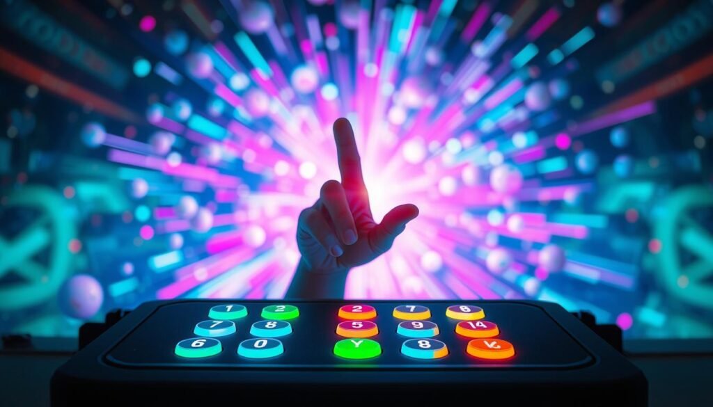 A sleek and modern Powerball Lucky Number Generator interface displayed prominently in the foreground, featuring colorful buttons and glowing numbers. In the middle ground, a hand is poised to press a button, reflecting anticipation and excitement. The background bursts with an abstract blend of sparkling lights, vibrant colors, and lottery balls swirling, creating a festive and hopeful atmosphere. Soft, diffused lighting enhances the high-tech feel, casting gentle shadows that add depth. The scene is shot from a slightly elevated angle, providing a dynamic perspective that emphasizes the generator's prominence. The mood is uplifting and energetic, inviting users to engage with the concept of luck and chance in an optimistic way.
