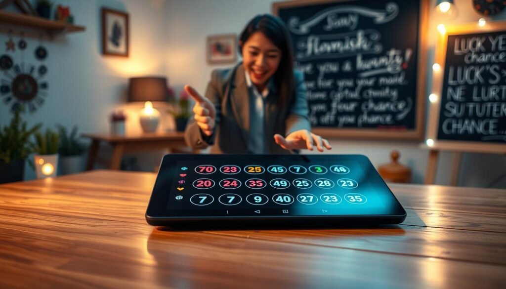 A sleek and modern lottery lucky number generator tool set on a wooden table, illuminated by soft, warm lighting to create an inviting atmosphere. In the foreground, a polished touchscreen device displays bright, colorful numbers randomly generated for lottery picks. In the middle ground, a pair of hands, dressed in smart casual attire, excitedly interact with the device, showcasing the customization features. The background features a blurred view of a cozy room with lottery-themed decorations and a chalkboard displaying inspirational phrases about luck and chance, adding to the overall mood of fun and excitement. The composition should convey a sense of anticipation and enjoyment centered around the lottery experience. A sleek and modern lottery lucky number generator tool set on a wooden table, illuminated by soft, warm lighting to create an inviting atmosphere. In the foreground, a polished touchscreen device displays bright, colorful numbers randomly generated for lottery picks. In the middle ground, a pair of hands, dressed in smart casual attire, excitedly interact with the device, showcasing the customization features. The background features a blurred view of a cozy room with lottery-themed decorations and a chalkboard displaying inspirational phrases about luck and chance, adding to the overall mood of fun and excitement. The composition should convey a sense of anticipation and enjoyment centered around the lottery experience.