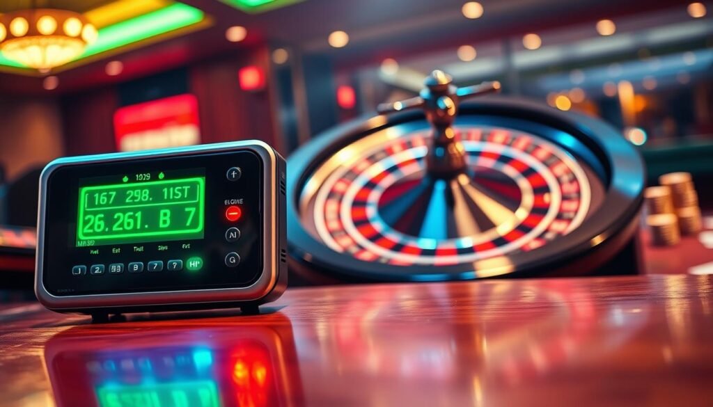 A sleek and modern lucky roulette number generator device sits on a polished wooden table in the foreground, its digital display glowing with vibrant green and red lights. The device features intricate buttons and an elegant design, showcasing a blend of high-tech aesthetics and classic casino charm. In the middle ground, a roulette wheel spins dynamically, reflecting soft, warm lighting that creates an inviting atmosphere. The background reveals a softly blurred casino scene with subtle hints of card tables and glistening chips, enhancing the gaming ambiance. The overall mood is exciting and hopeful, inspiring anticipation for big wins. Use a slightly elevated angle to capture the device and wheel together, ensuring clear visibility without distractions. The lighting should be soft yet vibrant, highlighting the colors and creating an engaging visual experience. A sleek and modern lucky roulette number generator device sits on a polished wooden table in the foreground, its digital display glowing with vibrant green and red lights. The device features intricate buttons and an elegant design, showcasing a blend of high-tech aesthetics and classic casino charm. In the middle ground, a roulette wheel spins dynamically, reflecting soft, warm lighting that creates an inviting atmosphere. The background reveals a softly blurred casino scene with subtle hints of card tables and glistening chips, enhancing the gaming ambiance. The overall mood is exciting and hopeful, inspiring anticipation for big wins. Use a slightly elevated angle to capture the device and wheel together, ensuring clear visibility without distractions. The lighting should be soft yet vibrant, highlighting the colors and creating an engaging visual experience.