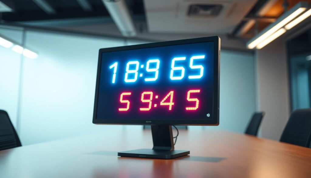 A sleek and modern random 4-digit number generator interface displayed on a digital screen, set against a softly blurred office background. In the foreground, the screen showcases a dynamic display of fluctuating numbers, creatively depicting the process of generating random numbers with bright, animated digits in vibrant colors like blue, green, and orange. The interface is minimalist, with a clean design that highlights the numbers while adding a touch of technological sophistication. Soft, even lighting enhances the clarity and focus of the display, creating a serene and professional atmosphere. The camera angle is slightly above the screen, capturing both the generator and its context within a modern workspace. The overall mood conveys innovation and reliability, perfect for illustrating the mechanics of a random number generator.