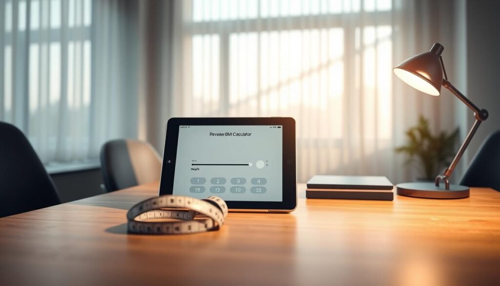 A sleek and modern reverse BMI calculator tool displayed on a stylish wooden desk. The foreground features a digital tablet showing an interactive interface with sliders indicating height and desired weight, representing an easy-to-use calculation process. The middle ground includes a measuring tape coiled neatly beside the tablet, suggesting precision and measurement. In the background, soft ambient light filters through a large window, casting gentle shadows and creating a calm atmosphere, inviting users to engage with the calculator. The scene is well-lit, emphasizing the tool while maintaining a sense of professionalism and approachability. The overall mood is inspiring, encouraging healthy lifestyle choices through interactive technology. A sleek and modern reverse BMI calculator tool displayed on a stylish wooden desk. The foreground features a digital tablet showing an interactive interface with sliders indicating height and desired weight, representing an easy-to-use calculation process. The middle ground includes a measuring tape coiled neatly beside the tablet, suggesting precision and measurement. In the background, soft ambient light filters through a large window, casting gentle shadows and creating a calm atmosphere, inviting users to engage with the calculator. The scene is well-lit, emphasizing the tool while maintaining a sense of professionalism and approachability. The overall mood is inspiring, encouraging healthy lifestyle choices through interactive technology.