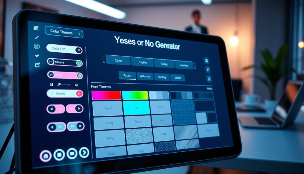 A sleek digital interface showcasing customizable options for a "Yes or No Generator". In the foreground, a modern touchscreen display is filled with intuitive icons and toggles, featuring vibrant colors and smooth curves to engage users. The middle layer includes a table displaying different customization settings, such as color themes, font styles, and background patterns, all elegantly arranged. In the background, a softly lit, minimalistic workspace adds to the professional atmosphere, with blurred elements like a potted plant and a laptop to suggest a tech-savvy environment. The lighting is bright but soft, creating an inviting and friendly mood. The perspective is slightly angled to emphasize the touchscreen interface, ensuring a focus on the customization possibilities, without any text or distractions. A sleek digital interface showcasing customizable options for a "Yes or No Generator". In the foreground, a modern touchscreen display is filled with intuitive icons and toggles, featuring vibrant colors and smooth curves to engage users. The middle layer includes a table displaying different customization settings, such as color themes, font styles, and background patterns, all elegantly arranged. In the background, a softly lit, minimalistic workspace adds to the professional atmosphere, with blurred elements like a potted plant and a laptop to suggest a tech-savvy environment. The lighting is bright but soft, creating an inviting and friendly mood. The perspective is slightly angled to emphasize the touchscreen interface, ensuring a focus on the customization possibilities, without any text or distractions.