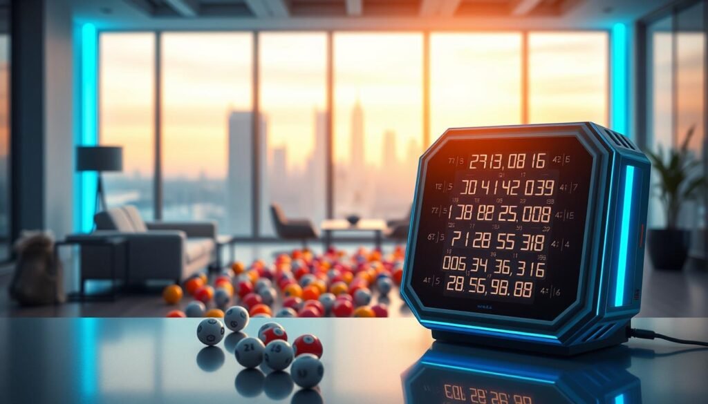 A sleek, high-tech lucky number generator for lottery filled with glowing numbers and symbols, positioned prominently in the foreground. The device should have a futuristic design with a glowing touchscreen interface displaying vibrant lottery numbers. Surrounding the generator, a soft blue light enhances the sense of modernity. In the middle ground, a blurred array of colorful lottery balls adds dynamism, suggesting movement and excitement. The background features a softly lit room designed like a professional office, with elegant furniture and a large window revealing a city skyline, suggesting a successful atmosphere. The overall mood is energetic and optimistic, embodying the thrill of playing the lottery combined with technology. Soft shadows and highlights bring depth, showcasing the futuristic aesthetics of the lucky number generator, while maintaining a professional, polished look. A sleek, high-tech lucky number generator for lottery filled with glowing numbers and symbols, positioned prominently in the foreground. The device should have a futuristic design with a glowing touchscreen interface displaying vibrant lottery numbers. Surrounding the generator, a soft blue light enhances the sense of modernity. In the middle ground, a blurred array of colorful lottery balls adds dynamism, suggesting movement and excitement. The background features a softly lit room designed like a professional office, with elegant furniture and a large window revealing a city skyline, suggesting a successful atmosphere. The overall mood is energetic and optimistic, embodying the thrill of playing the lottery combined with technology. Soft shadows and highlights bring depth, showcasing the futuristic aesthetics of the lucky number generator, while maintaining a professional, polished look.