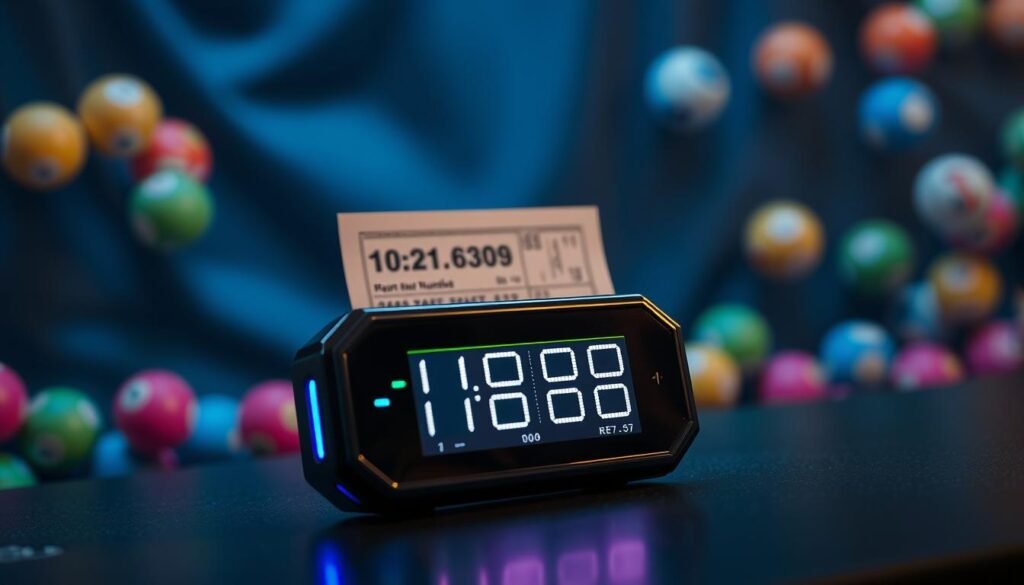 A sleek, modern 4 digit lucky number generator lottery tool prominently displayed in the foreground, featuring an illuminated digital screen showing randomly generated numbers. The tool has a glossy finish, with a futuristic design and subtle LED accents in blue and green. In the middle ground, a discreet, elegant lottery ticket is partially revealed, suggesting possible combinations. The background is a softly blurred image of a lottery draw, with colorful balls contrasting against a dark, velvety backdrop, creating a sense of anticipation. The lighting is bright and focused, highlighting the generator while casting soft shadows, evoking a mood of excitement and hope. The angle is slightly elevated, providing a clear view of the display, inviting the viewer into the world of lottery possibilities. A sleek, modern 4 digit lucky number generator lottery tool prominently displayed in the foreground, featuring an illuminated digital screen showing randomly generated numbers. The tool has a glossy finish, with a futuristic design and subtle LED accents in blue and green. In the middle ground, a discreet, elegant lottery ticket is partially revealed, suggesting possible combinations. The background is a softly blurred image of a lottery draw, with colorful balls contrasting against a dark, velvety backdrop, creating a sense of anticipation. The lighting is bright and focused, highlighting the generator while casting soft shadows, evoking a mood of excitement and hope. The angle is slightly elevated, providing a clear view of the display, inviting the viewer into the world of lottery possibilities.
