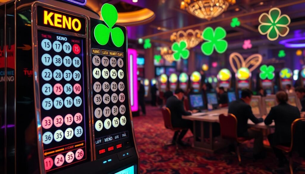 A sleek, modern Keno number generator machine is prominently displayed in the foreground, designed with shiny metallic surfaces and vibrant LED lights illuminating the numbers. The machine has a digital screen showing a dynamic array of Keno numbers, with some glowing brighter, suggesting lucky draws. In the middle ground, a well-organized casino environment adds depth, featuring tables with players in professional business attire, engaged in a vibrant game atmosphere. In the background, abstract representations of chance and luck—like stylized four-leaf clovers and abstract shapes—fade into a softly lit ambiance, enhancing the mood of excitement and anticipation. The lighting is bright and inviting, with a focus on the machine, shot from a slightly elevated angle to create depth. The overall atmosphere conveys a sense of energy and positivity, perfect for the theme of luck and winning. A sleek, modern Keno number generator machine is prominently displayed in the foreground, designed with shiny metallic surfaces and vibrant LED lights illuminating the numbers. The machine has a digital screen showing a dynamic array of Keno numbers, with some glowing brighter, suggesting lucky draws. In the middle ground, a well-organized casino environment adds depth, featuring tables with players in professional business attire, engaged in a vibrant game atmosphere. In the background, abstract representations of chance and luck—like stylized four-leaf clovers and abstract shapes—fade into a softly lit ambiance, enhancing the mood of excitement and anticipation. The lighting is bright and inviting, with a focus on the machine, shot from a slightly elevated angle to create depth. The overall atmosphere conveys a sense of energy and positivity, perfect for the theme of luck and winning.