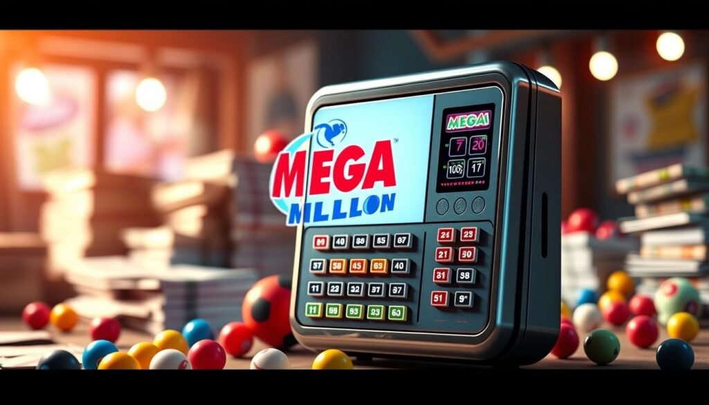 A sleek, modern Mega Millions Lucky Number Generator Tool sits prominently at the forefront, designed with an intuitive user interface featuring colorful buttons and a bright, digital display. The background features a softly blurred lottery setting, with stacks of lottery tickets and an assortment of colorful balls suggesting randomness and excitement. Warm, inviting lighting casts a glow on the generator, highlighting its sleek, metallic casing. The atmosphere is one of optimism and anticipation, encouraging users to embrace the thrill of quick picks. The image is captured from a slightly angled perspective, showcasing the tool’s features while placing it in an engaging context that reflects the spirit of fortune and possibilities.