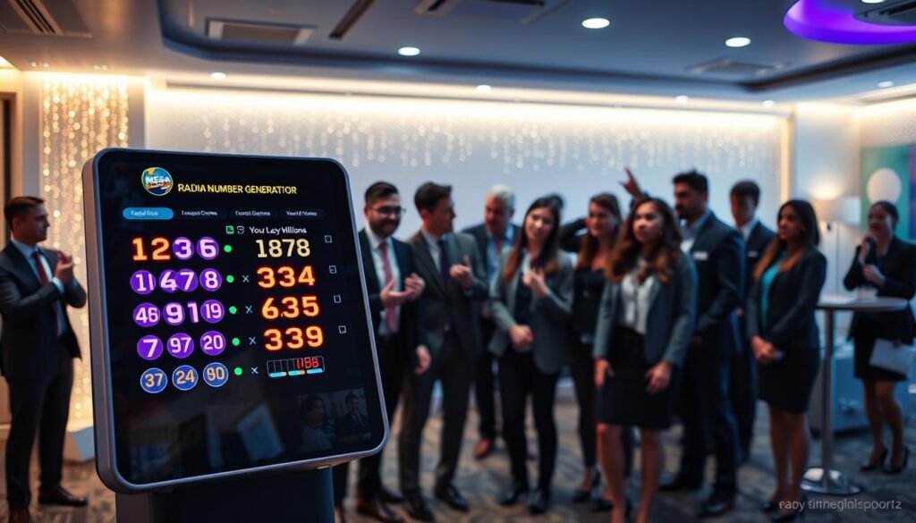A sleek, modern Mega Millions random number generator displayed prominently in the foreground, featuring an interactive touchscreen interface with vibrant, colorful numbers glowing on the screen. In the middle ground, a diverse group of enthusiastic individuals—dressed in professional business attire, exuding excitement and curiosity—gather around the device, contemplating their lucky numbers. The background is a softly lit, contemporary room designed for a lottery event, with a subtle hint of glitz, such as shimmering lights and lottery-themed decor. The overall atmosphere is lively and dynamic, capturing the thrill of chance and anticipation associated with lottery gaming. Lighting is bright and inviting, with a slight focus effect to highlight the random number generator as the central element of the image. A sleek, modern Mega Millions random number generator displayed prominently in the foreground, featuring an interactive touchscreen interface with vibrant, colorful numbers glowing on the screen. In the middle ground, a diverse group of enthusiastic individuals—dressed in professional business attire, exuding excitement and curiosity—gather around the device, contemplating their lucky numbers. The background is a softly lit, contemporary room designed for a lottery event, with a subtle hint of glitz, such as shimmering lights and lottery-themed decor. The overall atmosphere is lively and dynamic, capturing the thrill of chance and anticipation associated with lottery gaming. Lighting is bright and inviting, with a slight focus effect to highlight the random number generator as the central element of the image.