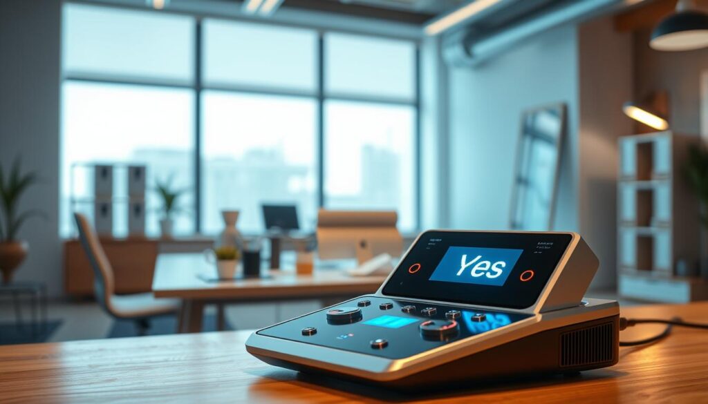 A sleek, modern "Yes Generator Tool" set in a well-lit office environment. The foreground features a futuristic device with glowing buttons and a digital display showing a "Yes" icon. The middle ground showcases a minimalistic desk with organization tools around the generator, emphasizing clarity and efficiency. In the background, a large window allows natural light to flood the room, casting soft shadows and creating a welcoming atmosphere. The overall color palette is warm and inviting, with hints of blue in the device's lights to symbolize positivity. The mood is dynamic and innovative, capturing the essence of decision-making in a professional context. The scene is viewed from a slightly elevated angle for an engaging perspective.