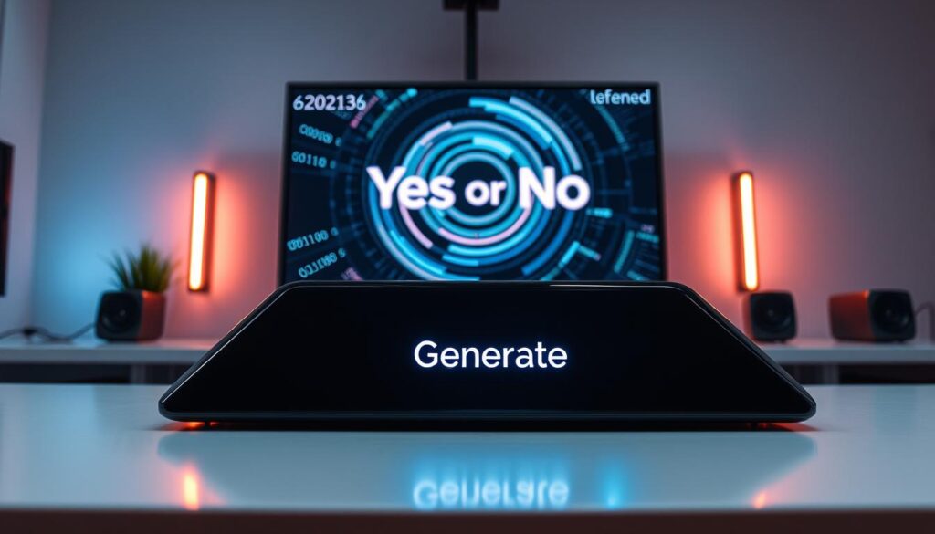 A sleek, modern "Yes or No Generator Tool" prominently displayed in the foreground, designed with a glossy interface that features a large, illuminated button labeled "Generate." The button glows with a soft blue light, creating a sense of anticipation. The middle ground includes a digital screen showing abstract, swirling patterns symbolizing decision-making, with subtle hints of binary code in the background. Soft, diffused lighting accentuates the tool's contours, while a clean, minimalist desk contrasts the high-tech aesthetic, suggesting a professional environment. The atmosphere is energetic yet focused, highlighting the ease of using the generator in just a few clicks. Capture the scene from a slightly elevated angle to enhance the tool's prominence, ensuring a feeling of accessibility and modernity. A sleek, modern "Yes or No Generator Tool" prominently displayed in the foreground, designed with a glossy interface that features a large, illuminated button labeled "Generate." The button glows with a soft blue light, creating a sense of anticipation. The middle ground includes a digital screen showing abstract, swirling patterns symbolizing decision-making, with subtle hints of binary code in the background. Soft, diffused lighting accentuates the tool's contours, while a clean, minimalist desk contrasts the high-tech aesthetic, suggesting a professional environment. The atmosphere is energetic yet focused, highlighting the ease of using the generator in just a few clicks. Capture the scene from a slightly elevated angle to enhance the tool's prominence, ensuring a feeling of accessibility and modernity.