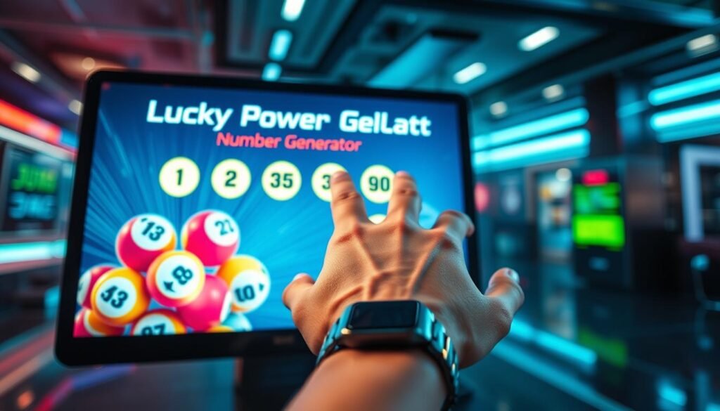 A sleek, modern digital interface displaying a “Lucky Powerball Number Generator” on a glossy screen. Foreground features a close-up of colorful, animated lottery balls with glowing numbers, radiating a sense of excitement. In the middle, a hand reaches toward the screen, poised to generate the numbers, wearing a simple but stylish wristwatch. The background shows a softly blurred high-tech environment with soft blue and green lighting, suggesting a sense of innovation and luck. A gentle glow surrounds the numbers, enhancing the atmosphere of anticipation. The composition should evoke a feeling of hope and thrill, capturing the essence of generating winning numbers efficiently and quickly. Use a wide-angle lens effect to create depth and draw the viewer's focus toward the generator interface. A sleek, modern digital interface displaying a “Lucky Powerball Number Generator” on a glossy screen. Foreground features a close-up of colorful, animated lottery balls with glowing numbers, radiating a sense of excitement. In the middle, a hand reaches toward the screen, poised to generate the numbers, wearing a simple but stylish wristwatch. The background shows a softly blurred high-tech environment with soft blue and green lighting, suggesting a sense of innovation and luck. A gentle glow surrounds the numbers, enhancing the atmosphere of anticipation. The composition should evoke a feeling of hope and thrill, capturing the essence of generating winning numbers efficiently and quickly. Use a wide-angle lens effect to create depth and draw the viewer's focus toward the generator interface.
