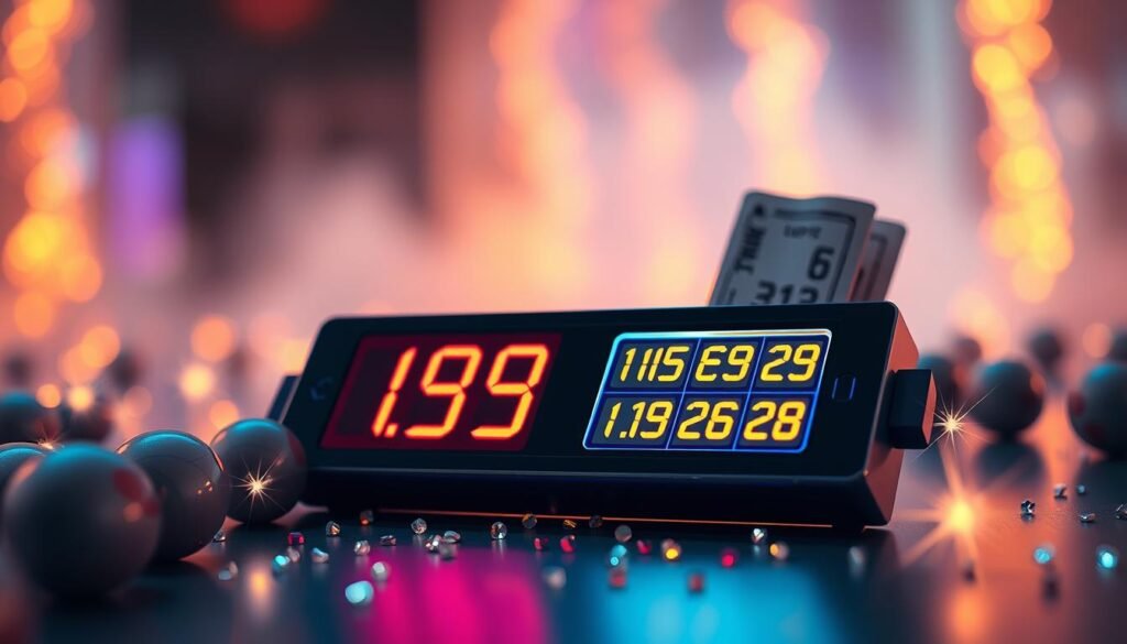 A sleek, modern lottery lucky number generator tool placed prominently in the foreground, featuring a digital display screen with colorful numbers illuminated on it. Surrounding the tool, there are sparkling lottery balls and a variety of small, glittering stars, enhancing a sense of excitement and chance. In the middle ground, subtle hints of a lottery ticket peeking out, partially rolled up, add context. The background is softly blurred, depicting an atmospheric, dream-like environment illuminated with soft, warm lighting that evokes feelings of hope and opportunity. The angle is slightly overhead, providing a dynamic perspective on the generator tool, inviting viewers to engage with the concept of luck and chance in their lottery experience. The mood is bright, energetic, and inspiring. A sleek, modern lottery lucky number generator tool placed prominently in the foreground, featuring a digital display screen with colorful numbers illuminated on it. Surrounding the tool, there are sparkling lottery balls and a variety of small, glittering stars, enhancing a sense of excitement and chance. In the middle ground, subtle hints of a lottery ticket peeking out, partially rolled up, add context. The background is softly blurred, depicting an atmospheric, dream-like environment illuminated with soft, warm lighting that evokes feelings of hope and opportunity. The angle is slightly overhead, providing a dynamic perspective on the generator tool, inviting viewers to engage with the concept of luck and chance in their lottery experience. The mood is bright, energetic, and inspiring.