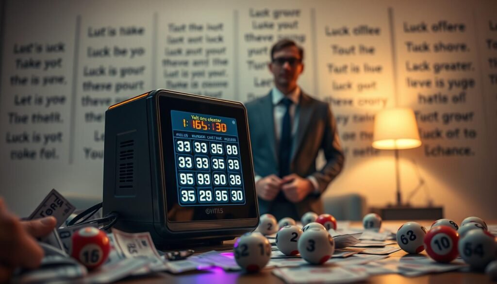 A sleek, modern lottery number generator prominently displayed in the foreground, featuring a digital interface with colorful number options glowing softly. The device is surrounded by scattered lottery tickets and a handful of numbered balls, creating an engaging scene. In the middle ground, a blurred, professional-looking person in business attire is intently observing the generator, adding a sense of purpose. The background features a softly lit room decorated with motivational quotes about luck and chance, creating a warm atmosphere. A subtle glow emanates from the generator, highlighting the excitement and anticipation of winning. The image is captured using a shallow depth of field to emphasize the generator while softly blurring the background, enriching the focus on the lottery experience. A sleek, modern lottery number generator prominently displayed in the foreground, featuring a digital interface with colorful number options glowing softly. The device is surrounded by scattered lottery tickets and a handful of numbered balls, creating an engaging scene. In the middle ground, a blurred, professional-looking person in business attire is intently observing the generator, adding a sense of purpose. The background features a softly lit room decorated with motivational quotes about luck and chance, creating a warm atmosphere. A subtle glow emanates from the generator, highlighting the excitement and anticipation of winning. The image is captured using a shallow depth of field to emphasize the generator while softly blurring the background, enriching the focus on the lottery experience.