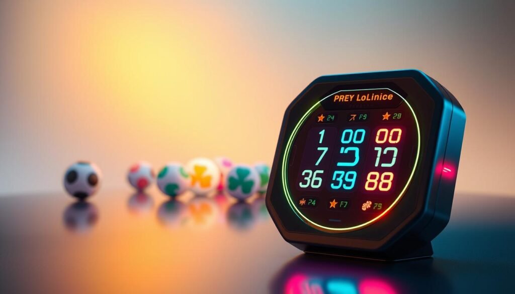 A sleek, modern lucky number generator tool positioned prominently in the foreground, featuring an illuminated LED display showing vibrant, randomly generated numbers. The device should have a futuristic design with smooth edges and a glossy finish, reflecting soft, ambient lighting that creates a warm and inviting atmosphere. In the middle ground, a subtle array of colorful lottery balls and digital symbols representing luck, such as four-leaf clovers and stars. The background should be a soft gradient transitioning from deep blue to gentle gold, evoking a sense of fortune and optimism. The overall mood should be uplifting and playful, inviting viewers to engage with the concept of luck and chance in a visually appealing manner. A sleek, modern lucky number generator tool positioned prominently in the foreground, featuring an illuminated LED display showing vibrant, randomly generated numbers. The device should have a futuristic design with smooth edges and a glossy finish, reflecting soft, ambient lighting that creates a warm and inviting atmosphere. In the middle ground, a subtle array of colorful lottery balls and digital symbols representing luck, such as four-leaf clovers and stars. The background should be a soft gradient transitioning from deep blue to gentle gold, evoking a sense of fortune and optimism. The overall mood should be uplifting and playful, inviting viewers to engage with the concept of luck and chance in a visually appealing manner.