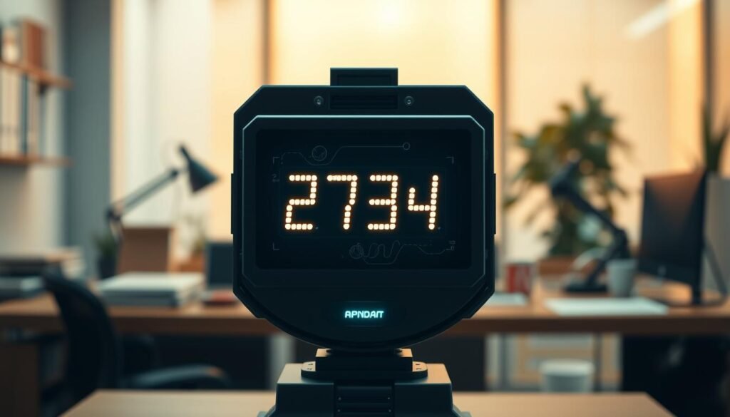 A sleek, modern random 4-digit number generator interface displayed prominently in the foreground. The generator features a clean, digital screen showing a bright, random combination of four digits, such as "2734", with glowing numbers. The middle layer includes abstract representations of luck and numbers, like swirling shapes or faint patterns, symbolizing probability and randomness. The background displays a soft-focus office environment with warm lighting, suggesting a productive workspace, complete with a wooden desk and hints of greenery. The atmosphere is inviting and professional, encouraging creativity and curiosity, captured from a slightly elevated angle to emphasize the generator's importance.