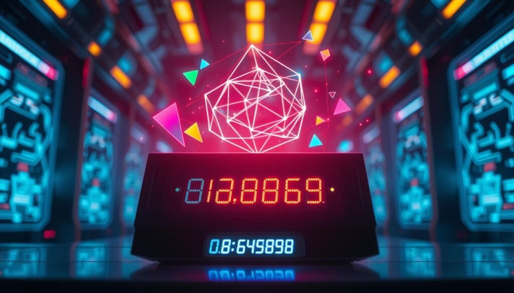 A sleek, modern random number generator device sits prominently in the foreground, featuring an illuminated digital display showcasing a series of changing numbers. The middle layer displays colorful geometric shapes swirling around the device, symbolizing the randomness and unpredictability of the generated numbers, while soft, ethereal light glows from within them. In the background, a blurred, high-tech environment resembles a futuristic lab or an advanced computer network, with faint circuit patterns and glowing screens. The overall mood is dynamic and engaging, with a sense of excitement about the possibilities of chance and luck. The lighting is bright and vibrant, creating an atmosphere of innovation and technology, viewed from a slightly low angle to give prominence to the generator. A sleek, modern random number generator device sits prominently in the foreground, featuring an illuminated digital display showcasing a series of changing numbers. The middle layer displays colorful geometric shapes swirling around the device, symbolizing the randomness and unpredictability of the generated numbers, while soft, ethereal light glows from within them. In the background, a blurred, high-tech environment resembles a futuristic lab or an advanced computer network, with faint circuit patterns and glowing screens. The overall mood is dynamic and engaging, with a sense of excitement about the possibilities of chance and luck. The lighting is bright and vibrant, creating an atmosphere of innovation and technology, viewed from a slightly low angle to give prominence to the generator.