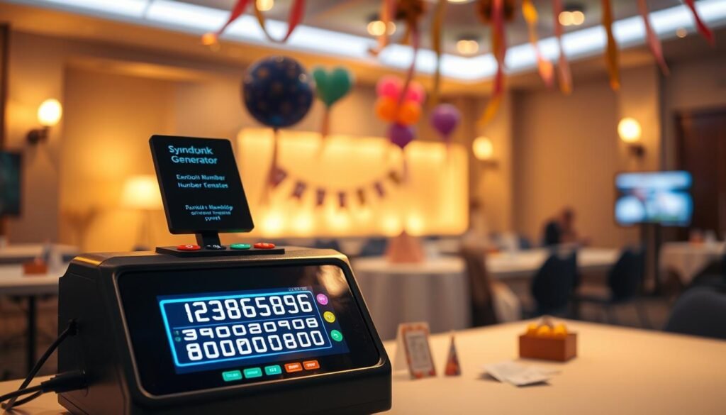 A sleek, modern random number generator tool designed for giveaways, prominently displayed in the foreground. The tool features a glowing digital interface with colorful buttons and a large screen showing random numbers. In the middle ground, a softly illuminated table with gaming paraphernalia, such as raffle tickets and small prizes, to create a festive atmosphere. In the background, a blurred room with warm, ambient lighting and subtle hints of celebration, like balloons and streamers, emphasizing the excitement of giveaways. The overall mood is energetic yet professional, capturing the essence of a well-organized drawing event. The image is shot from a slight overhead angle, providing a comprehensive view of the setup, with soft focus lending a polished, inviting feel. A sleek, modern random number generator tool designed for giveaways, prominently displayed in the foreground. The tool features a glowing digital interface with colorful buttons and a large screen showing random numbers. In the middle ground, a softly illuminated table with gaming paraphernalia, such as raffle tickets and small prizes, to create a festive atmosphere. In the background, a blurred room with warm, ambient lighting and subtle hints of celebration, like balloons and streamers, emphasizing the excitement of giveaways. The overall mood is energetic yet professional, capturing the essence of a well-organized drawing event. The image is shot from a slight overhead angle, providing a comprehensive view of the setup, with soft focus lending a polished, inviting feel.