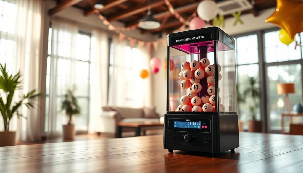 A sleek, modern random number generator tool designed for giveaways sits prominently on a polished wooden table in the foreground. The device features a digital display, colorful buttons, and a lottery-style drum filled with bright numbered balls. In the middle, an inviting and well-lit room showcases a welcoming atmosphere, with soft natural light filtering through large windows adorned with sheer curtains. A hint of excitement is captured in the air, suggesting anticipation for the upcoming giveaway. The background includes soft-focus decorations, like celebratory balloons and ribbons, enhancing the cheerful mood while maintaining attention on the generator tool. The composition has a balanced perspective, shot from a slightly elevated angle to create depth, inviting viewers to engage with the scene. A sleek, modern random number generator tool designed for giveaways sits prominently on a polished wooden table in the foreground. The device features a digital display, colorful buttons, and a lottery-style drum filled with bright numbered balls. In the middle, an inviting and well-lit room showcases a welcoming atmosphere, with soft natural light filtering through large windows adorned with sheer curtains. A hint of excitement is captured in the air, suggesting anticipation for the upcoming giveaway. The background includes soft-focus decorations, like celebratory balloons and ribbons, enhancing the cheerful mood while maintaining attention on the generator tool. The composition has a balanced perspective, shot from a slightly elevated angle to create depth, inviting viewers to engage with the scene.