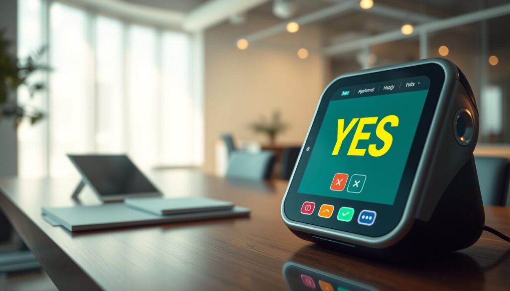 A sleek, modern yes generator tool sits prominently in the foreground, designed with a minimalist aesthetic featuring smooth, rounded edges and a glossy finish. The device's vibrant screen displays a large, glowing "YES" surrounded by colorful interface buttons indicating affirmative and negative responses. In the middle ground, a clean, open workspace with a polished wooden desk reveals a digital tablet and a notepad, hinting at thoughtful decision-making. The background includes a soft-focus image of an office with soft, warm ambient lighting, creating a professional yet inviting atmosphere. The scene is captured from a slightly elevated angle, with natural light streaming in through a nearby window, casting gentle shadows to enhance depth. The overall mood is encouraging and proactive, embodying the essence of quick decision-making.