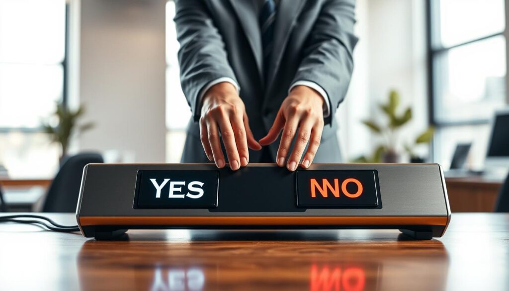 A sleek, modern yes or no generator tool displayed prominently in the foreground, featuring a user-friendly interface with two large buttons labeled "Yes" and "No" in bold, clear font. The device has a metallic finish, reflecting subtle lights, and is placed on a polished wooden desk with soft shadows enhancing its contours. In the middle ground, a pair of professional business attire-clad hands hover over the buttons, ready to make a decision. The background showcases a blurred office environment, with soft lighting filtering through large windows, creating a warm, inviting atmosphere. The overall mood conveys a sense of clarity and ease, highlighting the effectiveness of the decision-making tool in a professional setting. The image captures the essence of quick decision-making, embodying simplicity and reliability. A sleek, modern yes or no generator tool displayed prominently in the foreground, featuring a user-friendly interface with two large buttons labeled "Yes" and "No" in bold, clear font. The device has a metallic finish, reflecting subtle lights, and is placed on a polished wooden desk with soft shadows enhancing its contours. In the middle ground, a pair of professional business attire-clad hands hover over the buttons, ready to make a decision. The background showcases a blurred office environment, with soft lighting filtering through large windows, creating a warm, inviting atmosphere. The overall mood conveys a sense of clarity and ease, highlighting the effectiveness of the decision-making tool in a professional setting. The image captures the essence of quick decision-making, embodying simplicity and reliability.