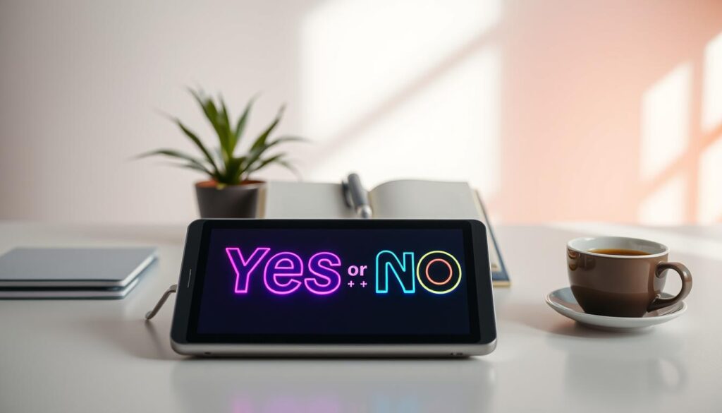 A sleek, modern yes or no generator tool set against a clean, minimalist workspace. In the foreground, a digital device with a glowing screen displaying a large, animated yes or no interface, incorporating vibrant colors. The middle layer features an open notebook and a stylish pen, symbolizing decision-making and brainstorming. In the background, soft-focus elements like a potted plant and a coffee cup create a calming atmosphere, emphasizing productivity. The lighting is bright and inviting, casting gentle shadows that add depth to the scene. The mood is one of clarity and accessibility, inviting users to seek straightforward answers with confidence. A sleek, modern yes or no generator tool set against a clean, minimalist workspace. In the foreground, a digital device with a glowing screen displaying a large, animated yes or no interface, incorporating vibrant colors. The middle layer features an open notebook and a stylish pen, symbolizing decision-making and brainstorming. In the background, soft-focus elements like a potted plant and a coffee cup create a calming atmosphere, emphasizing productivity. The lighting is bright and inviting, casting gentle shadows that add depth to the scene. The mood is one of clarity and accessibility, inviting users to seek straightforward answers with confidence.