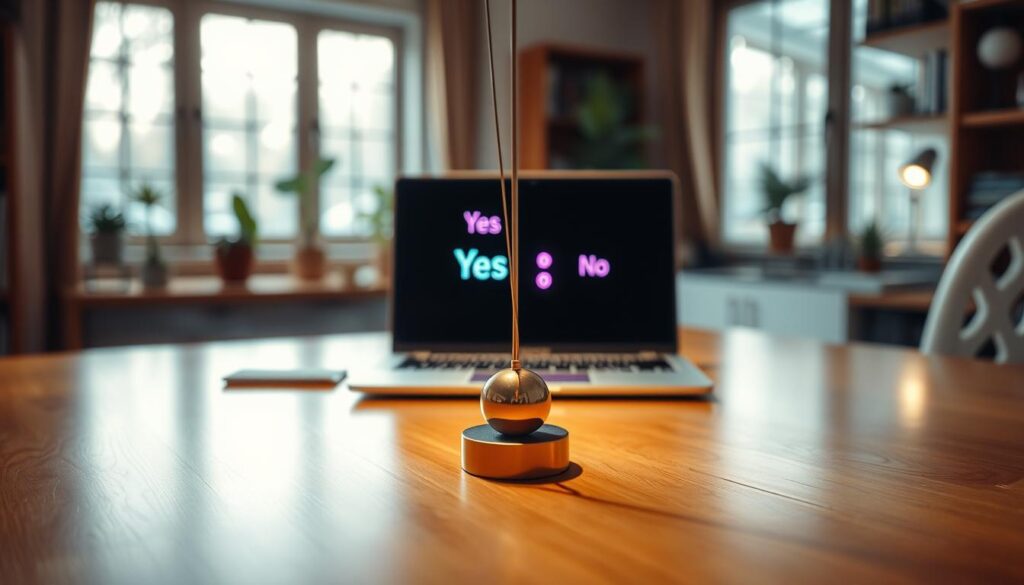 A sleek online interface for a pendulum yes or no generator, centered in the foreground. The pendulum swings rhythmically, casting gentle, elongated shadows on a polished wooden table. In the middle ground, a soft, glowing laptop screen displays vibrant, animated options for 'Yes' and 'No' in a modern, user-friendly design. The background features a tranquil home office setting with warm wood accents, potted plants, and soft natural light filtering through a nearby window, creating a cozy atmosphere. A subtle bokeh effect adds depth, enhancing the focus on the pendulum and laptop. The overall mood is inspiring and contemplative, inviting viewers to engage with the decision-making tool. A sleek online interface for a pendulum yes or no generator, centered in the foreground. The pendulum swings rhythmically, casting gentle, elongated shadows on a polished wooden table. In the middle ground, a soft, glowing laptop screen displays vibrant, animated options for 'Yes' and 'No' in a modern, user-friendly design. The background features a tranquil home office setting with warm wood accents, potted plants, and soft natural light filtering through a nearby window, creating a cozy atmosphere. A subtle bokeh effect adds depth, enhancing the focus on the pendulum and laptop. The overall mood is inspiring and contemplative, inviting viewers to engage with the decision-making tool.