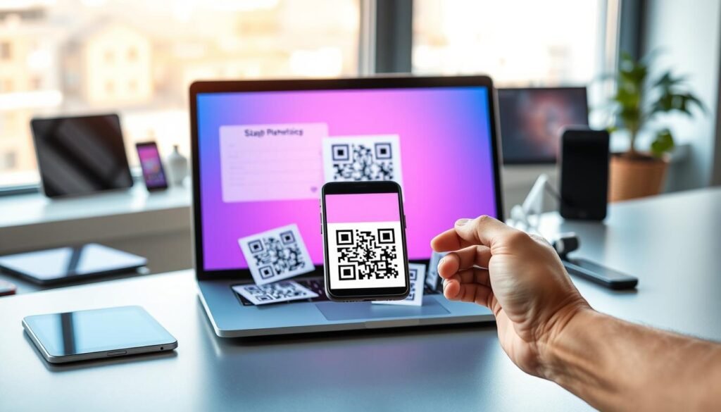 A sophisticated QR Code generator tool on a sleek modern desk. In the foreground, a high-tech laptop with a vibrant screen displaying an intuitive interface for generating QR codes, surrounded by a few colorful QR codes printed on paper. The middle ground features an elegant hand holding a smartphone, ready to scan the displayed QR code, enhancing the interactive aspect. In the background, a blurred array of digital devices, such as tablets and smartwatches, to suggest versatility. Soft, natural lighting filters through a large window, casting gentle shadows, creating a professional and innovative atmosphere. The scene conveys a sense of efficiency and creativity, suitable for a tech-savvy audience. A sophisticated QR Code generator tool on a sleek modern desk. In the foreground, a high-tech laptop with a vibrant screen displaying an intuitive interface for generating QR codes, surrounded by a few colorful QR codes printed on paper. The middle ground features an elegant hand holding a smartphone, ready to scan the displayed QR code, enhancing the interactive aspect. In the background, a blurred array of digital devices, such as tablets and smartwatches, to suggest versatility. Soft, natural lighting filters through a large window, casting gentle shadows, creating a professional and innovative atmosphere. The scene conveys a sense of efficiency and creativity, suitable for a tech-savvy audience.