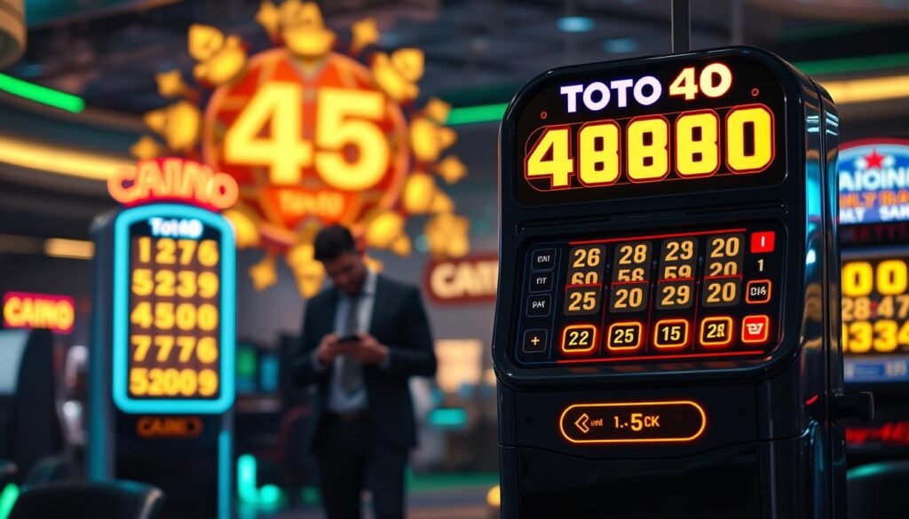 A sophisticated Toto 4D lucky number generator, designed as a sleek, futuristic machine with a glossy finish and illuminated buttons, stands prominently in the foreground. Surrounding it are glowing numbers and symbols that represent luck and chance, radiating a warm, inviting light. In the middle ground, a person is intently focused on the machine, dressed in smart casual attire, analyzing the number display with excitement. The background features a softly blurred casino ambience, with subtle hints of vibrant colors like gold and green, enhancing the ambiance of possibility and anticipation. The scene is illuminated with soft, dramatic lighting, giving off a sense of mystery and allure, as if capturing the essence of luck itself.