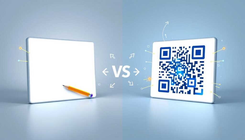 A split-screen image depicting "Static vs Dynamic QR Codes" for a professional business setting. On the left side (foreground), showcase a simple, static QR code against a clean white background, with elements like a pencil and notepad symbolizing permanence. On the right, illustrate a vibrant, dynamic QR code with colorful gradients and animated digital elements, representing interactivity and modern technology. In the middle ground, add subtle icons like arrows or links showing the transition from static to dynamic. The background should be a smooth gradient from light blue to white, enhancing the tech-savvy atmosphere. Soft, even lighting illuminates both types of codes, creating a polished, professional look. No text or branding elements should be present, ensuring a focus on the visual comparison. A split-screen image depicting "Static vs Dynamic QR Codes" for a professional business setting. On the left side (foreground), showcase a simple, static QR code against a clean white background, with elements like a pencil and notepad symbolizing permanence. On the right, illustrate a vibrant, dynamic QR code with colorful gradients and animated digital elements, representing interactivity and modern technology. In the middle ground, add subtle icons like arrows or links showing the transition from static to dynamic. The background should be a smooth gradient from light blue to white, enhancing the tech-savvy atmosphere. Soft, even lighting illuminates both types of codes, creating a polished, professional look. No text or branding elements should be present, ensuring a focus on the visual comparison.