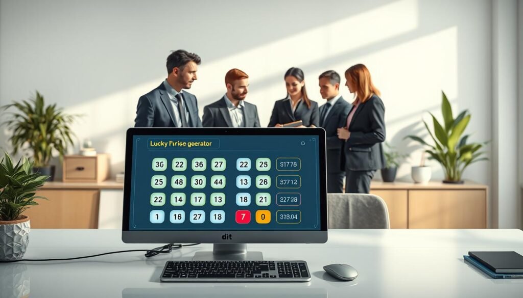 A step-by-step guide illustration for using a lucky number generator, set in a clean, modern workspace. In the foreground, a sleek computer displays an intuitive interface of the number generator with colorful buttons emphasizing the ease of use. The middle layer features a diverse group of business professionals, dressed in smart business attire, engaged in discussion while reviewing the generator on the screen. In the background, subtle decorative elements suggest a creative yet professional atmosphere, with plants and soft lighting creating a welcoming environment. The image conveys a mood of excitement and hopefulness, ideal for those seeking their lucky Powerball numbers. Use natural lighting with a soft focus to create depth and interest.