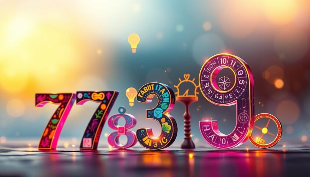 A striking, visually appealing representation of "Lucky Number Traits." The foreground features an artistic arrangement of colorful numbers, particularly 7, 3, and 9, each illustrated with unique symbols and intricate designs that reflect their distinct traits—like ambition, creativity, and intuition. In the middle ground, there are abstract representations of personality attributes, such as a glowing light bulb for creativity and a compass for guidance, blending seamlessly with the numbers. The background is a dreamy gradient, transitioning from calming blues to vibrant yellows, creating an ethereal atmosphere. Soft, warm lighting enhances the image, giving it a hopeful and uplifting feel, captured with a shallow depth of field to emphasize the numbers and traits in the forefront. A striking, visually appealing representation of "Lucky Number Traits." The foreground features an artistic arrangement of colorful numbers, particularly 7, 3, and 9, each illustrated with unique symbols and intricate designs that reflect their distinct traits—like ambition, creativity, and intuition. In the middle ground, there are abstract representations of personality attributes, such as a glowing light bulb for creativity and a compass for guidance, blending seamlessly with the numbers. The background is a dreamy gradient, transitioning from calming blues to vibrant yellows, creating an ethereal atmosphere. Soft, warm lighting enhances the image, giving it a hopeful and uplifting feel, captured with a shallow depth of field to emphasize the numbers and traits in the forefront.
