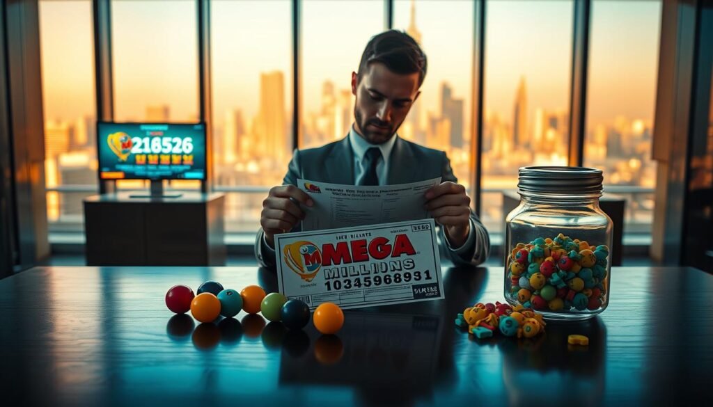A vibrant Mega Millions overview scene set within a modern, sleek office environment. In the foreground, a polished dark wood table with a Mega Millions lottery ticket, colorful balls representing the lottery numbers, and an elegant glass jar filled with lucky charms. The middle ground showcases a professional businessperson, dressed in smart attire, analyzing the ticket with a thoughtful expression, surrounded by glowing screens displaying the latest numbers and lottery graphics. In the background, large windows reveal a bright city skyline, illuminated by soft, warm sunlight that casts gentle shadows across the room, creating an atmosphere of anticipation and excitement. The image should evoke feelings of hope, opportunity, and the thrill of winning. The composition is captured from a slightly elevated angle, focusing on the ticket and the individual, with a depth of field that beautifully blurs the city backdrop. A vibrant Mega Millions overview scene set within a modern, sleek office environment. In the foreground, a polished dark wood table with a Mega Millions lottery ticket, colorful balls representing the lottery numbers, and an elegant glass jar filled with lucky charms. The middle ground showcases a professional businessperson, dressed in smart attire, analyzing the ticket with a thoughtful expression, surrounded by glowing screens displaying the latest numbers and lottery graphics. In the background, large windows reveal a bright city skyline, illuminated by soft, warm sunlight that casts gentle shadows across the room, creating an atmosphere of anticipation and excitement. The image should evoke feelings of hope, opportunity, and the thrill of winning. The composition is captured from a slightly elevated angle, focusing on the ticket and the individual, with a depth of field that beautifully blurs the city backdrop.