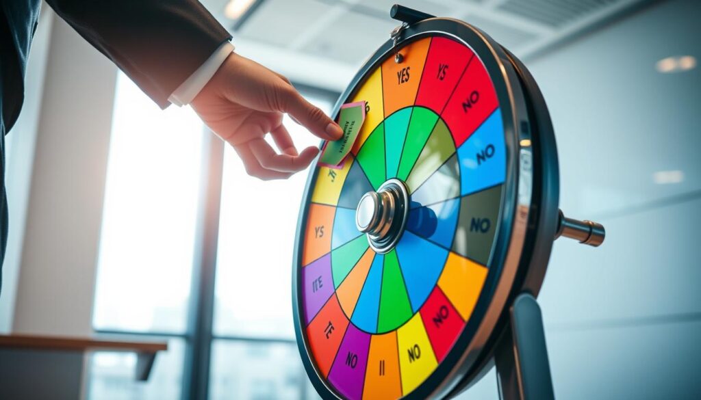 A vibrant and colorful yes or no picker wheel, prominently showcased in the foreground, featuring sections labeled with bright, eye-catching colors. The wheel is partially spun, revealing the potential options of "Yes" and "No." In the middle ground, a person's hand, dressed in professional business attire, is adding custom labels, such as "Try Again" or "Ask a Friend," using colorful stickers. The background includes a modern office setting with soft natural light streaming through a window, illuminating the wheel and creating a warm, inviting atmosphere. The scene conveys a sense of creativity and decision-making, with a focus on customization. The camera angle is slightly tilted downward, emphasizing the wheel's details and the process of personalizing it. A vibrant and colorful yes or no picker wheel, prominently showcased in the foreground, featuring sections labeled with bright, eye-catching colors. The wheel is partially spun, revealing the potential options of "Yes" and "No." In the middle ground, a person's hand, dressed in professional business attire, is adding custom labels, such as "Try Again" or "Ask a Friend," using colorful stickers. The background includes a modern office setting with soft natural light streaming through a window, illuminating the wheel and creating a warm, inviting atmosphere. The scene conveys a sense of creativity and decision-making, with a focus on customization. The camera angle is slightly tilted downward, emphasizing the wheel's details and the process of personalizing it.