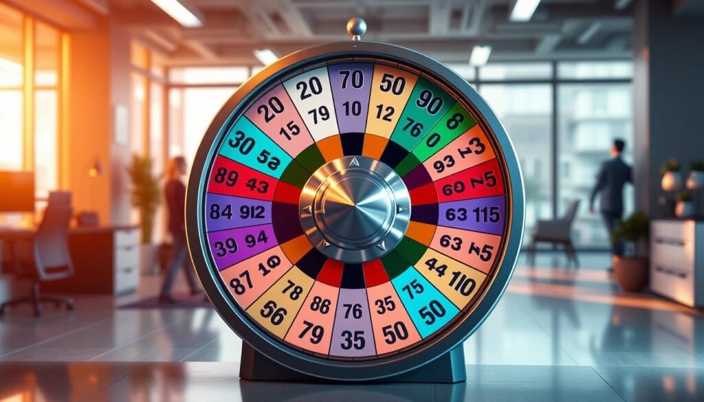 A vibrant and detailed depiction of a Number Picker Wheel, prominently displayed in the foreground, showcasing its colorful segments numbered from 1 to 100. The wheel should be designed with an elegant, modern aesthetic, featuring a shining metallic center and sleek, user-friendly controls. In the middle ground, include a soft-focus background of a serene office environment, with warm, natural lighting filtering through large windows, creating an inviting atmosphere. The scene should evoke a sense of excitement and curiosity, perfect for illustrating the utility of a random number generator. Capture the essence of dynamic decision-making and randomized selection without any text or additional distractions. The overall composition should encourage a feeling of fun and engagement in choosing lucky numbers. A vibrant and detailed depiction of a Number Picker Wheel, prominently displayed in the foreground, showcasing its colorful segments numbered from 1 to 100. The wheel should be designed with an elegant, modern aesthetic, featuring a shining metallic center and sleek, user-friendly controls. In the middle ground, include a soft-focus background of a serene office environment, with warm, natural lighting filtering through large windows, creating an inviting atmosphere. The scene should evoke a sense of excitement and curiosity, perfect for illustrating the utility of a random number generator. Capture the essence of dynamic decision-making and randomized selection without any text or additional distractions. The overall composition should encourage a feeling of fun and engagement in choosing lucky numbers.