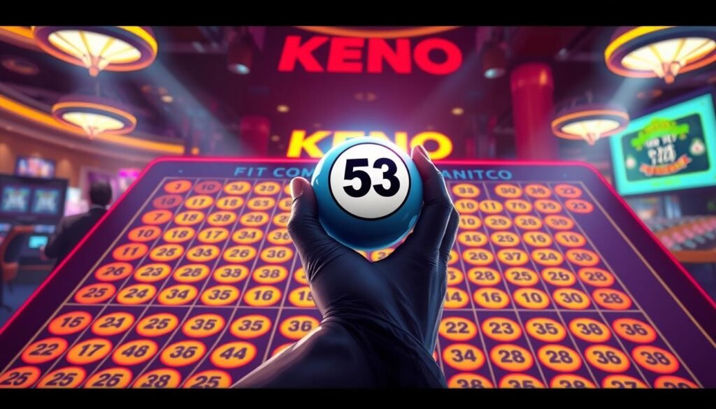 A vibrant and engaging digital illustration of Keno game mechanics. In the foreground, a large Keno board filled with numbered circles, showcasing a selection of drawn numbers in bright colors. In the middle, a hand holding a ball showing a winning number, emphasizing action and excitement. The background features a subtle casino ambiance, with blurred images of other gaming tables and soft lighting creating a warm and inviting atmosphere. Use dramatic lighting to highlight the Keno board and the winning ball, casting gentle shadows to enhance depth. The overall mood should be thrilling and dynamic, capturing the essence of chance and luck associated with Keno, while remaining professional and visually appealing for educational purposes. A vibrant and engaging digital illustration of Keno game mechanics. In the foreground, a large Keno board filled with numbered circles, showcasing a selection of drawn numbers in bright colors. In the middle, a hand holding a ball showing a winning number, emphasizing action and excitement. The background features a subtle casino ambiance, with blurred images of other gaming tables and soft lighting creating a warm and inviting atmosphere. Use dramatic lighting to highlight the Keno board and the winning ball, casting gentle shadows to enhance depth. The overall mood should be thrilling and dynamic, capturing the essence of chance and luck associated with Keno, while remaining professional and visually appealing for educational purposes.