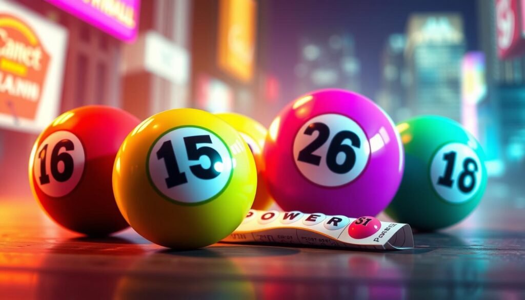 A vibrant and engaging illustration depicting six colorful lottery balls arranged artistically, each displaying a distinct number related to the Powerball. In the foreground, the balls are glossy with a slight sheen, reflecting light to create a sense of excitement. The middle ground features a soft-focus image of a modern lottery ticket laying alongside the balls, inviting viewers to feel the thrill of possibility. The background has a gently blurred depiction of a bustling city, symbolizing hope and dreams. The lighting is warm and inviting, with a subtle glow highlighting the numbers, evoking a sense of luck and fortune. The overall atmosphere is optimistic and lively, aimed at inspiring viewers about their chances in the Powerball lottery. A vibrant and engaging illustration depicting six colorful lottery balls arranged artistically, each displaying a distinct number related to the Powerball. In the foreground, the balls are glossy with a slight sheen, reflecting light to create a sense of excitement. The middle ground features a soft-focus image of a modern lottery ticket laying alongside the balls, inviting viewers to feel the thrill of possibility. The background has a gently blurred depiction of a bustling city, symbolizing hope and dreams. The lighting is warm and inviting, with a subtle glow highlighting the numbers, evoking a sense of luck and fortune. The overall atmosphere is optimistic and lively, aimed at inspiring viewers about their chances in the Powerball lottery.