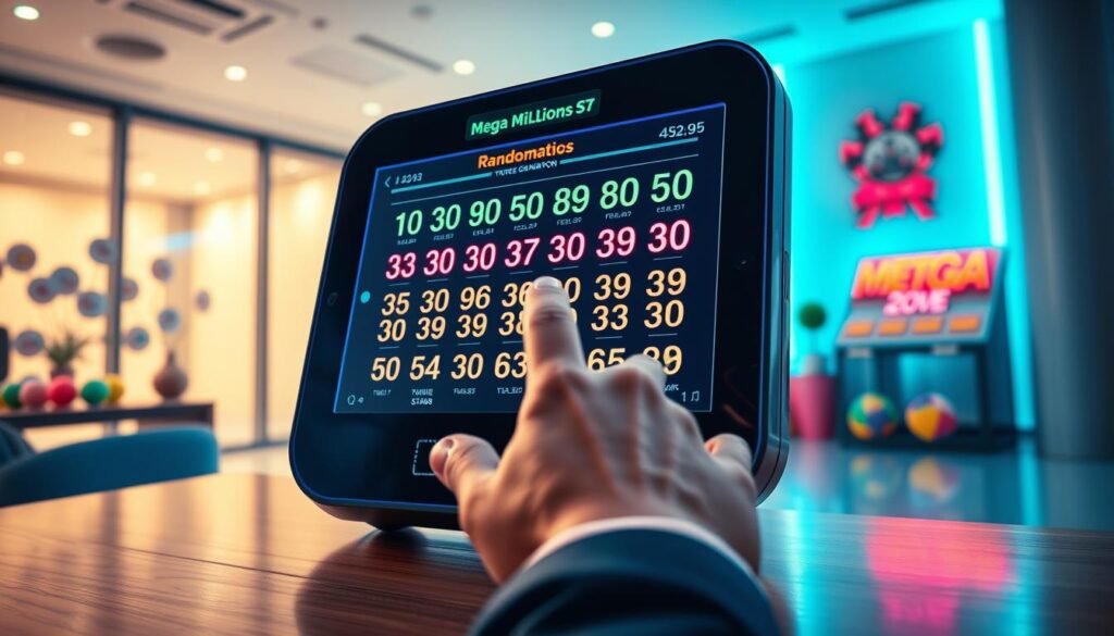 A vibrant and engaging illustration of a Mega Millions number generator in action. In the foreground, a sleek digital device with a glowing interface displaying a randomized set of colorful lottery numbers, emphasizing excitement and anticipation. In the middle ground, a softly blurred hand of a user in professional business attire interacting with the device, suggesting their engagement with the process. The background depicts a modern, well-lit room with a hint of a playful, lottery-themed atmosphere, such as colorful balls and a decorative lottery ticket display. The lighting is bright and inviting, creating a mood of hopefulness and thrill. The angle is slightly tilted to evoke dynamism and spontaneity, enhancing the overall engaging feel of the scene. A vibrant and engaging illustration of a Mega Millions number generator in action. In the foreground, a sleek digital device with a glowing interface displaying a randomized set of colorful lottery numbers, emphasizing excitement and anticipation. In the middle ground, a softly blurred hand of a user in professional business attire interacting with the device, suggesting their engagement with the process. The background depicts a modern, well-lit room with a hint of a playful, lottery-themed atmosphere, such as colorful balls and a decorative lottery ticket display. The lighting is bright and inviting, creating a mood of hopefulness and thrill. The angle is slightly tilted to evoke dynamism and spontaneity, enhancing the overall engaging feel of the scene.
