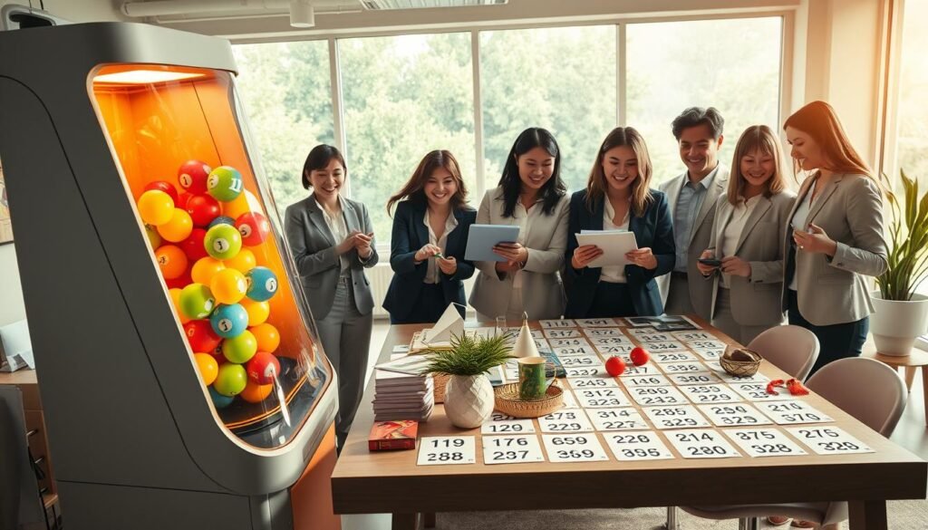 A vibrant and engaging scene depicting a "Lucky Lottery Numbers Generator." In the foreground, a sleek, modern lottery machine with colorful balls rolling inside, emitting a warm glow. Surrounding the machine, hands of diverse individuals in business attire happily selecting numbers on a digital tablet, embodying excitement and hope. In the middle ground, a table covered with bright papers displaying various number combinations, surrounded by cozy decorations like a small plant and lucky charms. The background features a bright, welcoming room infused with soft, natural light streaming through large windows, creating an uplifting and optimistic atmosphere. The overall mood is joyful and inspiring, capturing the essence of generating lucky numbers for lottery enthusiasts. A vibrant and engaging scene depicting a "Lucky Lottery Numbers Generator." In the foreground, a sleek, modern lottery machine with colorful balls rolling inside, emitting a warm glow. Surrounding the machine, hands of diverse individuals in business attire happily selecting numbers on a digital tablet, embodying excitement and hope. In the middle ground, a table covered with bright papers displaying various number combinations, surrounded by cozy decorations like a small plant and lucky charms. The background features a bright, welcoming room infused with soft, natural light streaming through large windows, creating an uplifting and optimistic atmosphere. The overall mood is joyful and inspiring, capturing the essence of generating lucky numbers for lottery enthusiasts.