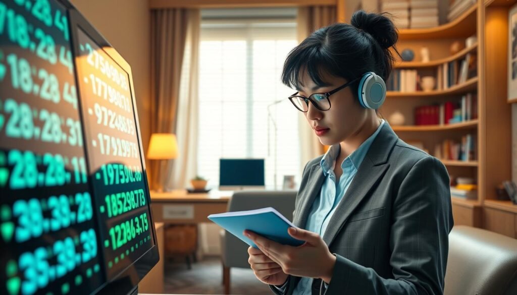 A vibrant and engaging scene depicting a Toto 4D lucky number generator. In the foreground, a sleek, modern digital interface displays bright, randomized numbers, glowing softly in shades of blue and green. The middle ground features a focused user, a professional in business attire, intently studying the screen while holding a notepad with additional notes. In the background, a cozy, well-lit office environment with elegant decor, showcasing a light wooden desk and bookshelves filled with lottery-themed guides. The lighting is warm and inviting, illuminating the details and creating a motivational atmosphere, emphasizing hope and excitement in the process of finding winning picks. The image captures the essence of responsible gaming and intelligent decision-making without any text or distractions.