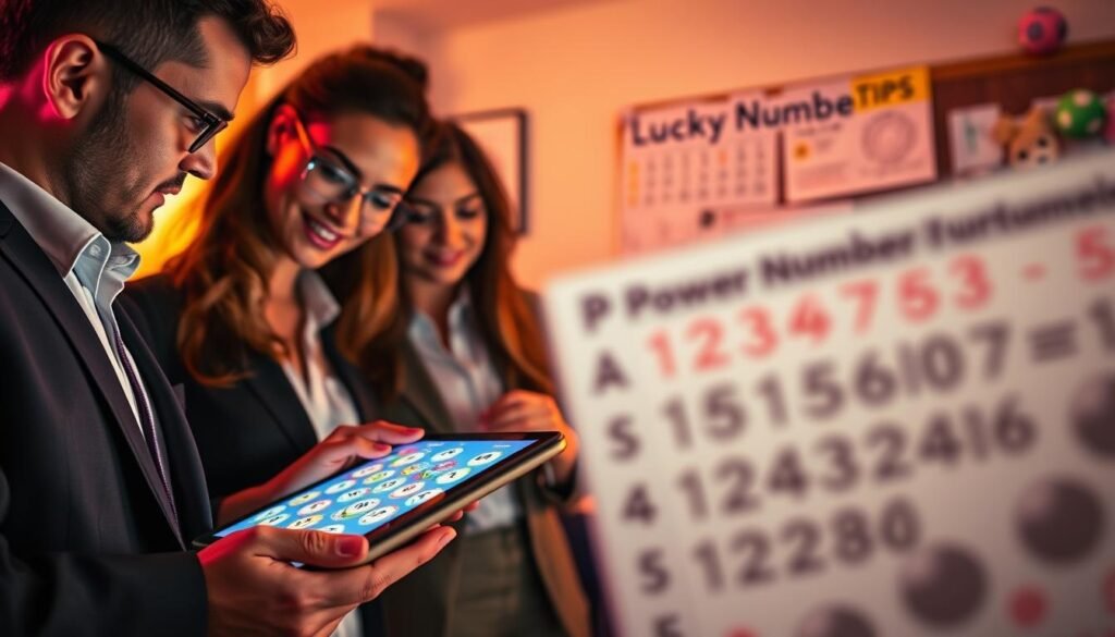 A vibrant and engaging scene depicting the theme of picking lucky Powerball numbers. In the foreground, a diverse group of three people—one man and two women in professional business attire—are thoughtfully examining a colorful array of number combinations on a digital tablet. In the middle ground, a visually appealing lottery ticket partially visible, with bright, eye-catching colors and playful designs, symbolizes the excitement of the game. The background features a softly blurred interior of a cozy living room, illuminated by warm, inviting lighting, with a pin board displaying various lucky number tips and tricks. The atmosphere is one of anticipation and fun, embodying the thrill of choosing lottery numbers while maintaining a focus on strategy.