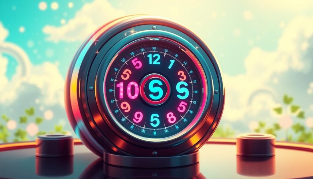 A vibrant and whimsical illustration of a 4-digit lucky number generator. In the foreground, a round, shiny device showcasing a rotating dial with colorful numbers from 0 to 9, elegantly illuminated. The middle layer features sparkling stars and symbols of good fortune, like four-leaf clovers and horseshoes, subtly intertwined around the generator. In the background, a softly blurred ethereal landscape filled with a glowing, azure sky and fluffy white clouds, creating a dreamy atmosphere. Soft, warm lighting enhances the cheerful and hopeful mood, while a gentle lens blur suggests depth. Capture the essence of luck and positivity without any text or distractions. A vibrant and whimsical illustration of a 4-digit lucky number generator. In the foreground, a round, shiny device showcasing a rotating dial with colorful numbers from 0 to 9, elegantly illuminated. The middle layer features sparkling stars and symbols of good fortune, like four-leaf clovers and horseshoes, subtly intertwined around the generator. In the background, a softly blurred ethereal landscape filled with a glowing, azure sky and fluffy white clouds, creating a dreamy atmosphere. Soft, warm lighting enhances the cheerful and hopeful mood, while a gentle lens blur suggests depth. Capture the essence of luck and positivity without any text or distractions.